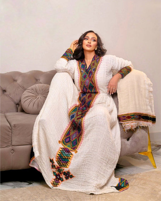 Multicolor Embroidered Traditional Ethiopian Dress – Soft White Habesha Cloth