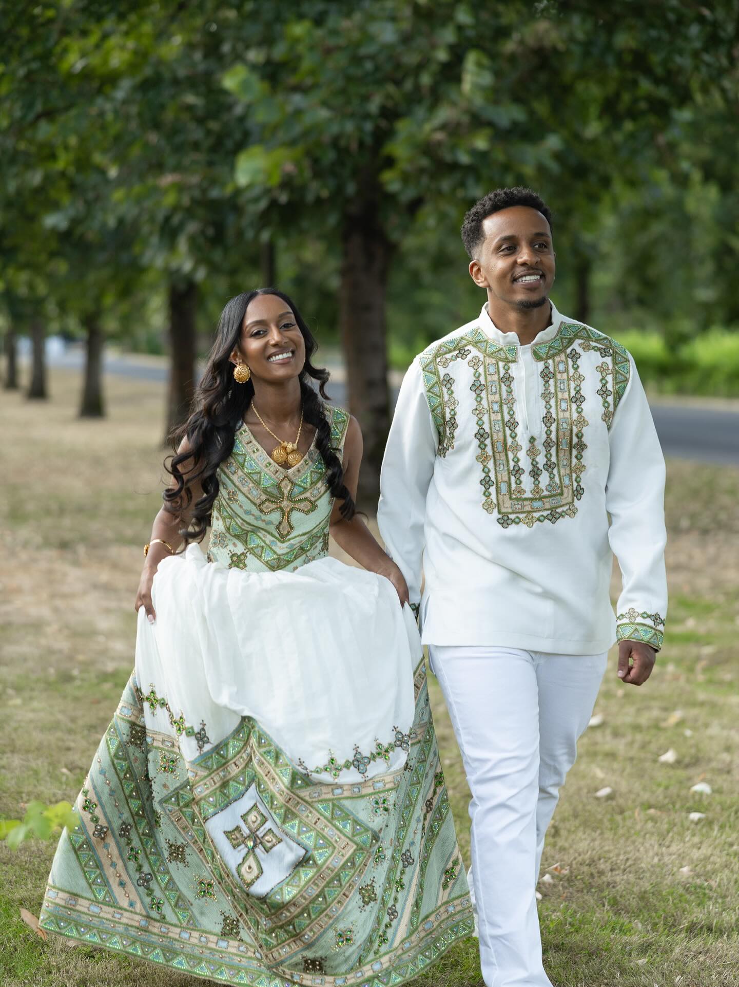 Green & Gold Ethiopian Couple Outfit Traditional Matching Wear Elegant Ethiopian Couple Set 148