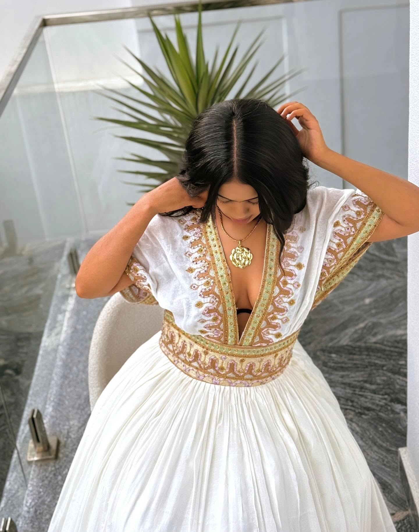 Luxury Traditional Ethiopian Wedding Dress Gold & Lilac Detail Habesha Kemis V-neckline Habesha Dress 153