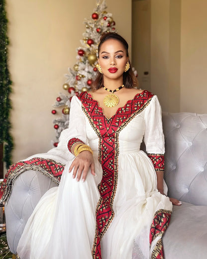 White & Red Ethiopian Traditional Dress Habesha Kemis for Special Occasions Handwoven Habesha Dress 157