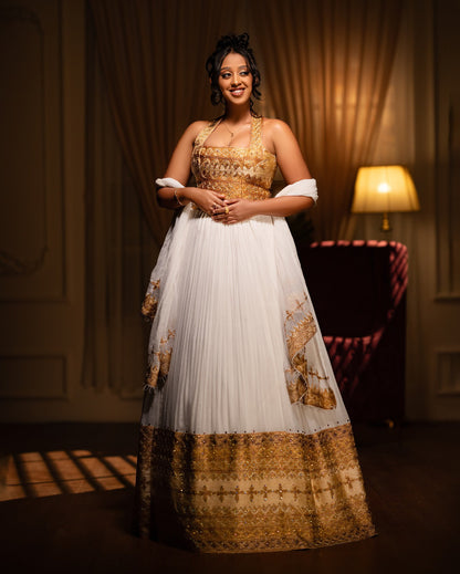 Luxurious Habesha Dress Golden Traditional Ethiopian Wedding Dress Cultural Habesha Kemis For Wedding 161