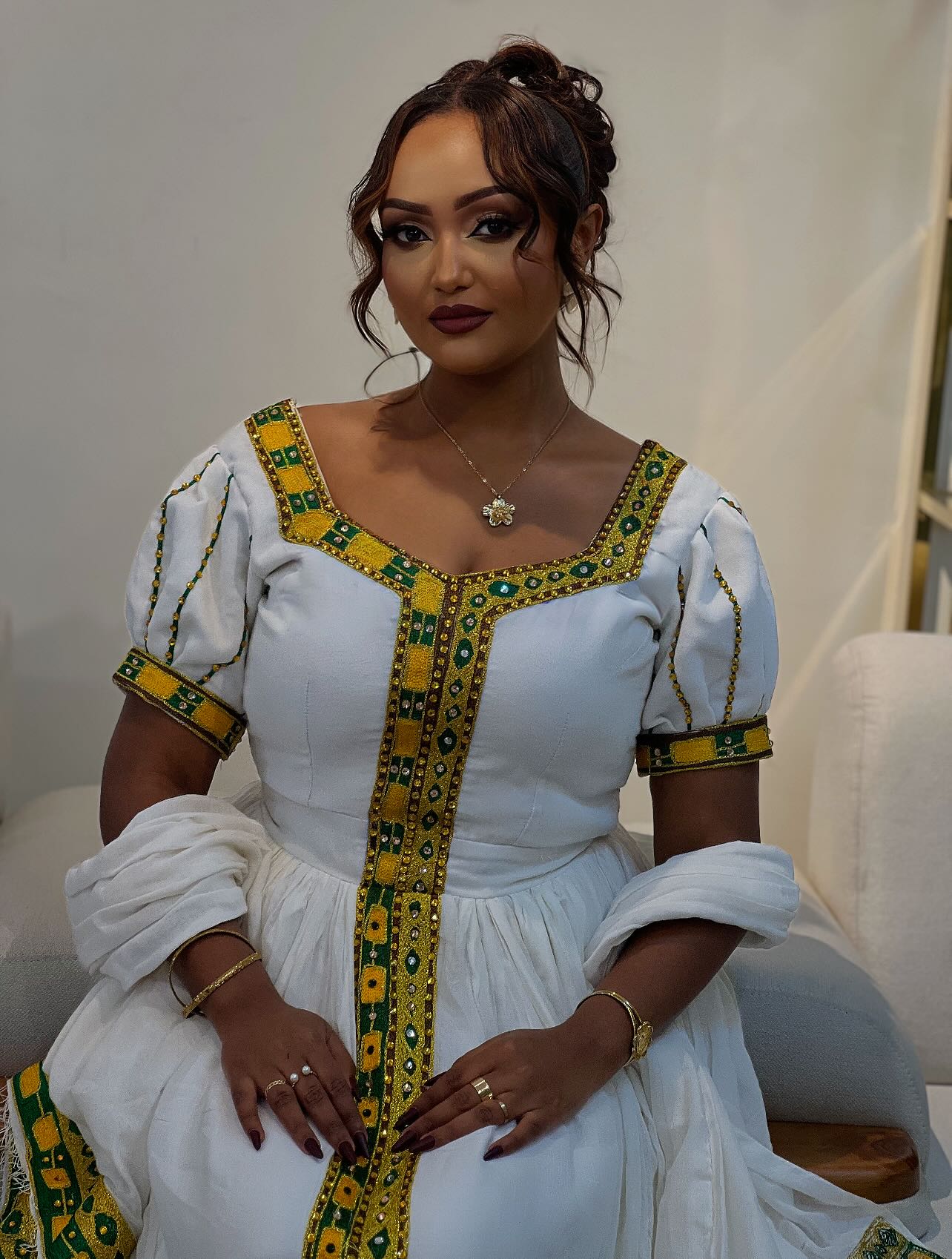 Traditional Ethiopian Dress Yellow Cross Embroidery Habesha Kemis Stunning Habesha Dress For festive 166