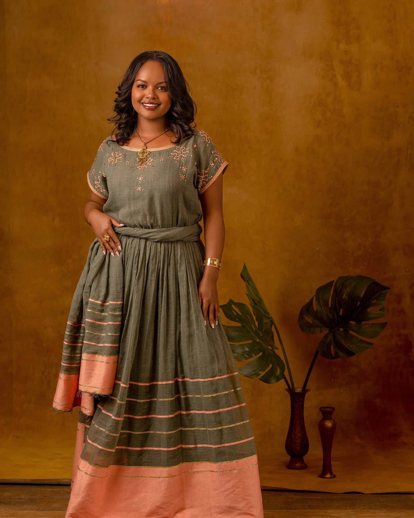  Ethiopian Traditional Dress with Green and Peach Accents