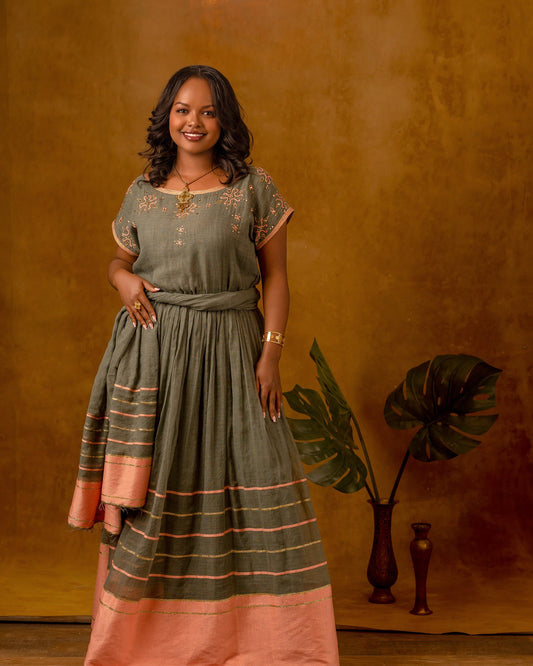  Ethiopian Traditional Dress with Green and Peach Accents
