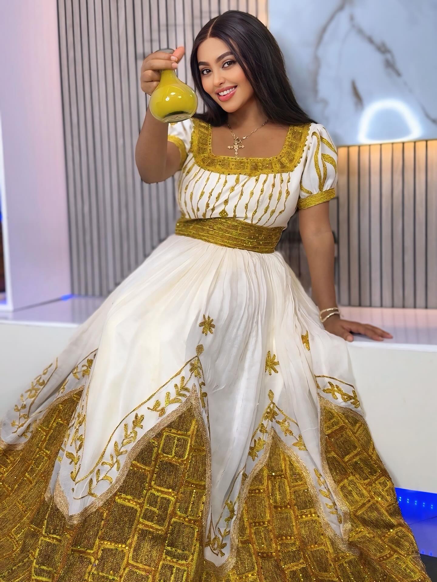 Golden Embroidered Traditional Ethiopian Dress Puffed Sleeve Habesha Dress Cultural Habesha Kemis For Wedding 172