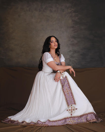 white and purple embroidered ethiopian traditional dress habesha Dress For Festive Timeless Habesha Kemis 173
