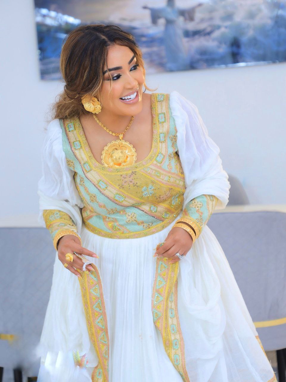 elegant white and gold embroidered Habesha Dress Ethiopian wedding dress Habesha Kemis For Wedding 175