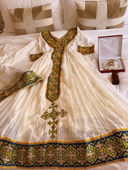 green and gold embroidery Habesha Dress Handwoven Habesha Kemis Festive Traditional Ethiopian Clothing 178