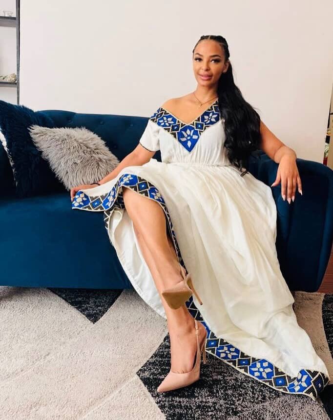 stylish Ethiopian dress blue embroidery on Habesha Kemis Beautiful Habesha Dress 179