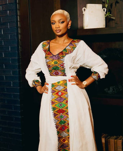 White Habesha Traditional Dress Colorful Embroidered Habesha Kemis Long Sleeve Habesha Dress 181