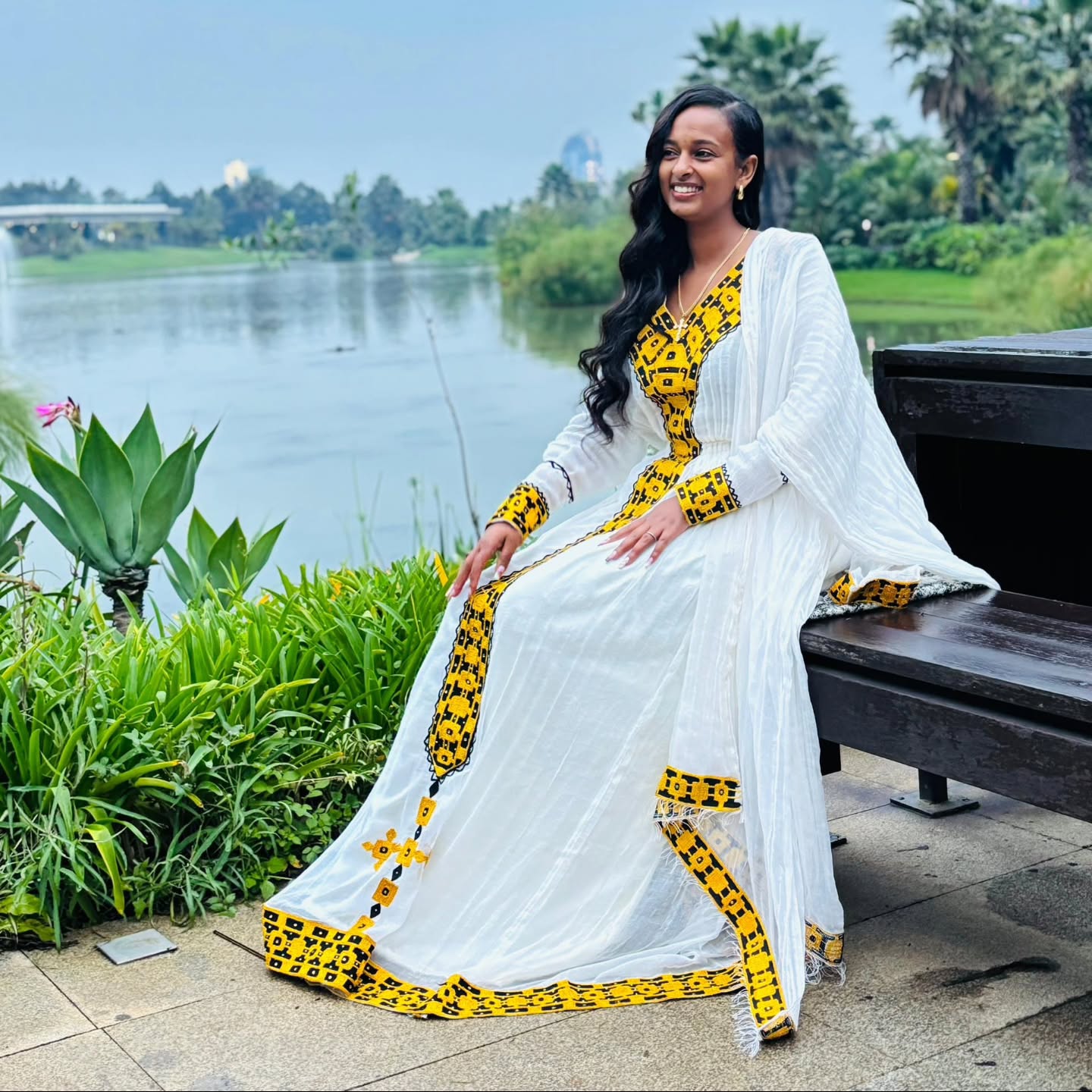 White And Yellow Traditional Ethiopian Dress Modern Embroidery Design Habesha Dress Handwoven Habesha Kemis 182