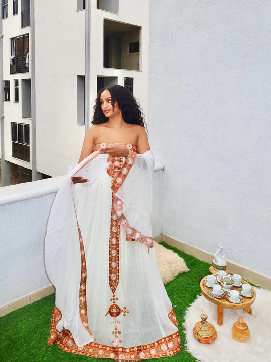 Strapless Habesha Kemis – Red and Gold Embroidered Ethiopian Cloth