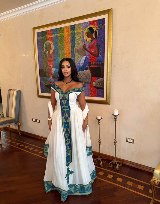 Off Shoulder Cross Embroidery – Habesha Cloth Ethiopian Traditional Dress