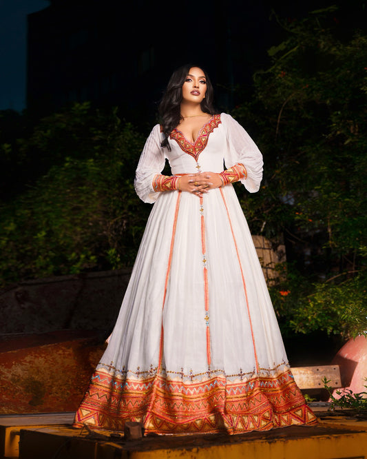 Red and Gold Embroidered V-Neckline Habesha Dress Ethiopian Wedding Dress