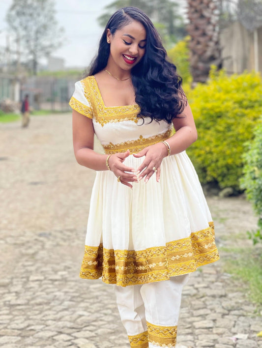 Golden embroidery short sleeve habesha kemis ethiopian traditional dress