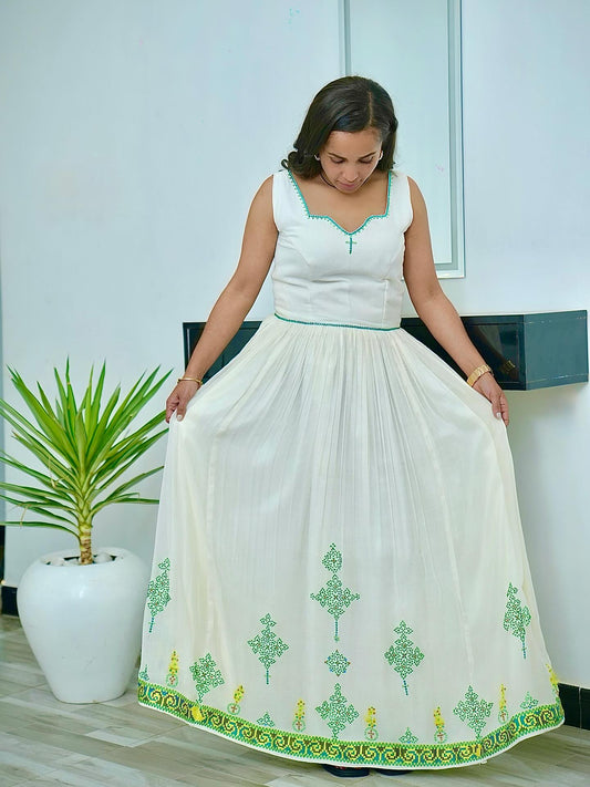 White habesha kemis with green embroidery habesha dress ethiopian traditional dress