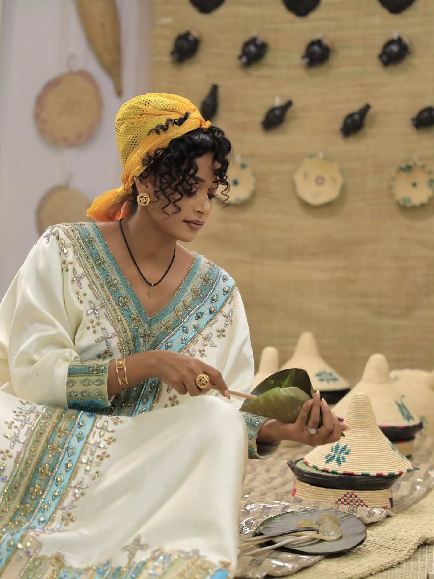 Turquoise and golden embroidery habesha dress Cultural habesha kemis ethiopian traditional Clothing 209