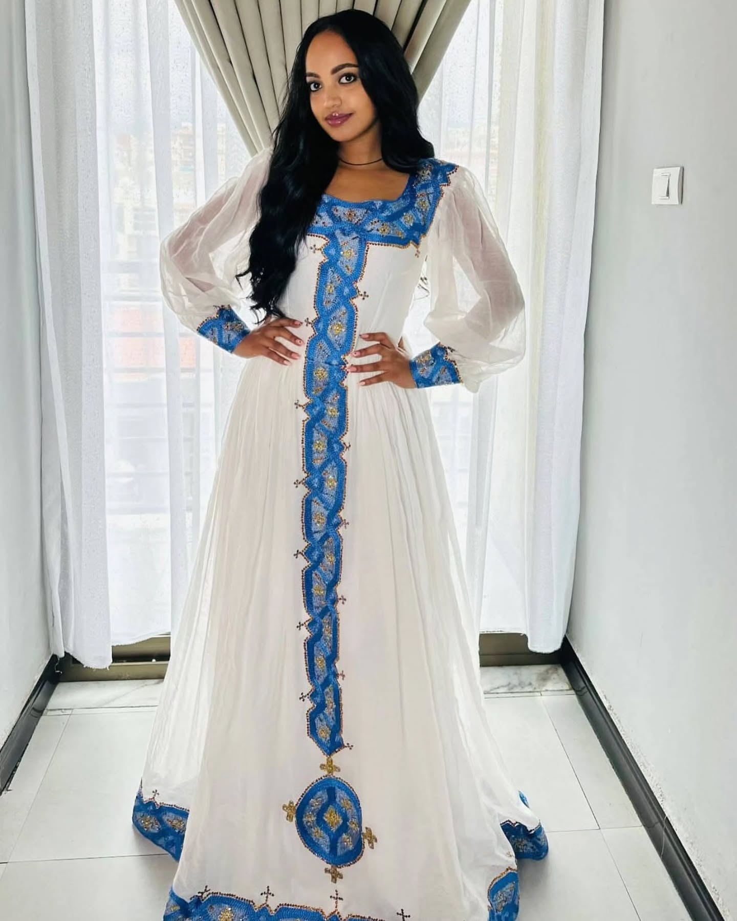 White habesha dress with blue and gold embroidery Ethiopian traditional dress habesha cloth 210