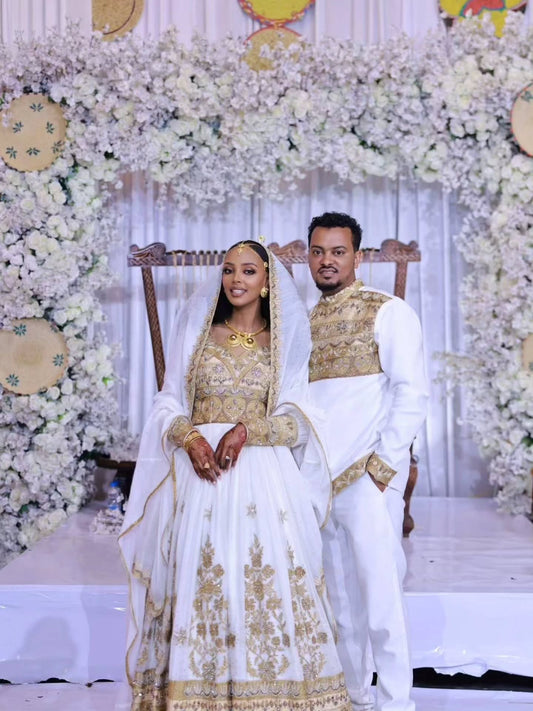 White and gold habesha couple outfit  matching Ethiopian Wear