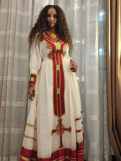 Elegant Habesha Dress Red Pattern Habesha Kemis Ethiopian Traditional Dress 221