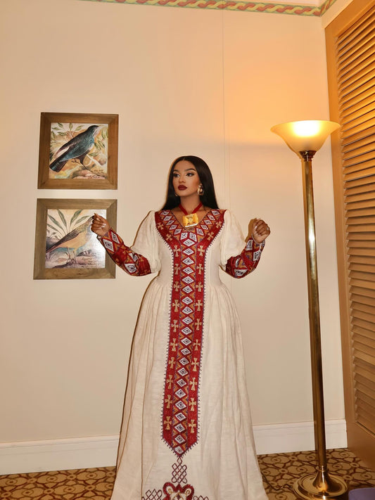 Red & Cross Embroidery Habesha Dress – Traditional Ethiopian Clothing & Habesha Kemis