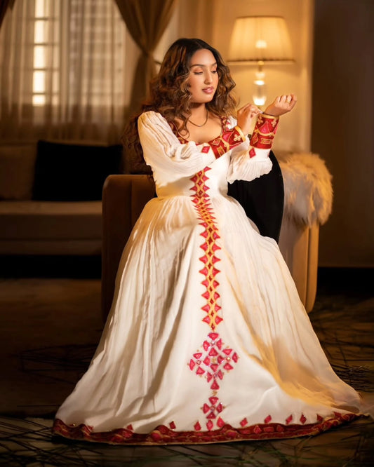 Red Embroidery Habesha Kemis – Elegant Traditional Ethiopian Clothing