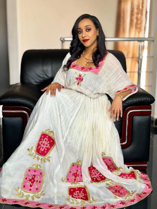 Cross Embroidery Habesha Kemis  Traditional Ethiopian Clothing & Cultural Elegance