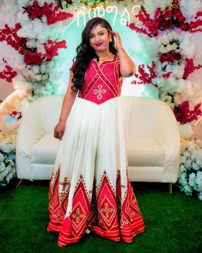 Radiant Habesha Kemis Traditional Ethiopian Wedding Dress Red Pattern Habesha Dress 168