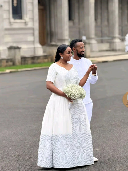 Matching Habesha Couple Outfit Traditional Ethiopian Dress Set White Kemis for Men & Women 172