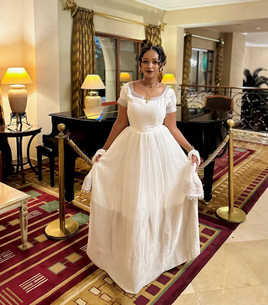 White Habesha Kemis – Elegant Habesha Dress in Traditional Ethiopian Clothing