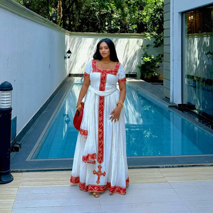 Red Embroidery Traditional Ethiopian dress Festive Habesha Kemis Handmade Habesha Dress 195