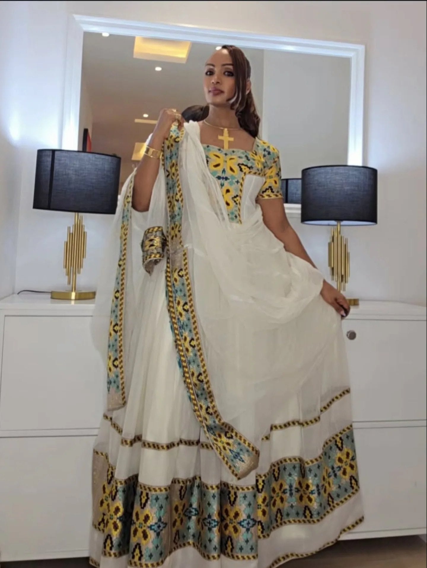 Short Sleeve Habesha Kemis Traditional Ethiopian Dress Multicolor Embroidery Habesha Dress 197