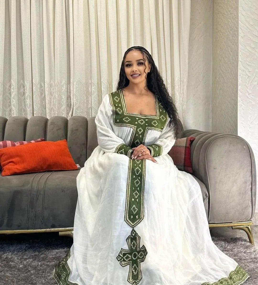 Green Pattern Habesha Kemis A Stunning Blend of Habesha Dress & Traditional Ethiopian Dress 207