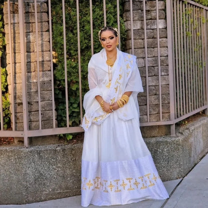 White Habesha Kemis with Cross Embroidery Traditional Ethiopian Dress for Timeless Grace Stylish Habesha Dress 210