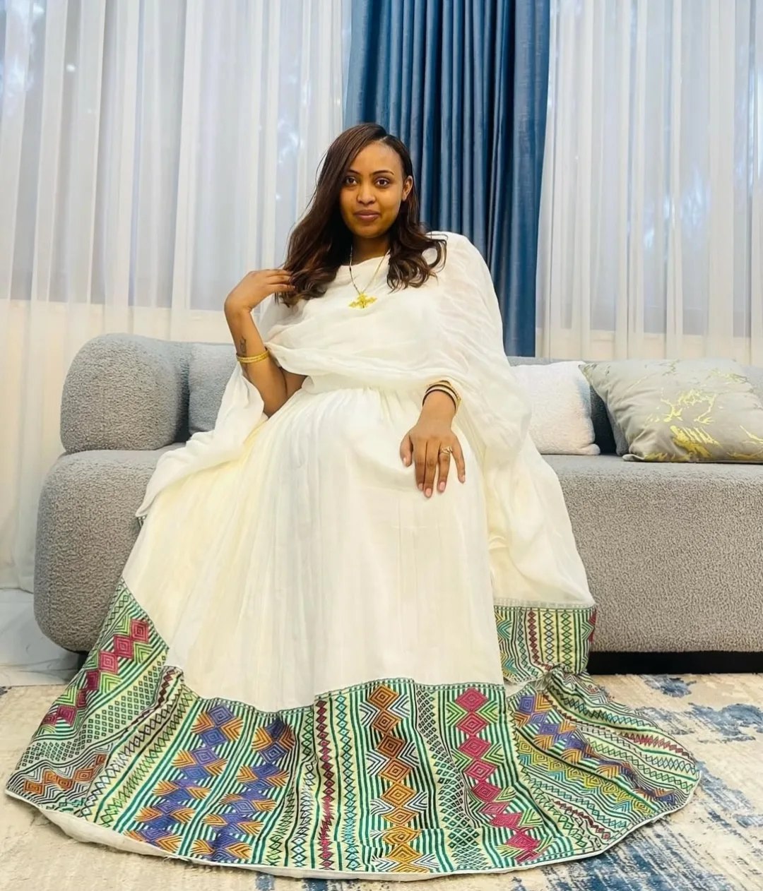 Traditional Ethiopian Dress with Colorful Woven Hem White Habesha Kemis For Event Habesha Dress 214