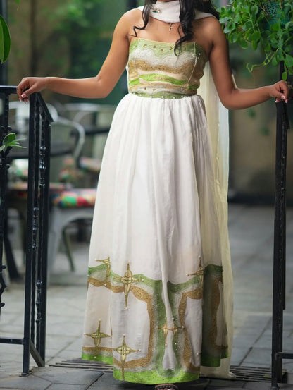 Stylish Traditional Ethiopian Dress Handcrafted Cultural Habesha Kemis Off-shoulder Habesha Dress 226