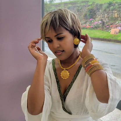 Royal Habesha Kemis White Cultural Dress with Green Tibeb Accents Festive Habesha Dress 230