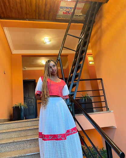 Simple Habesha Kemis Eritrean & Ethiopian Traditional Dress with Red Detail Timeless Habesha Dress 231