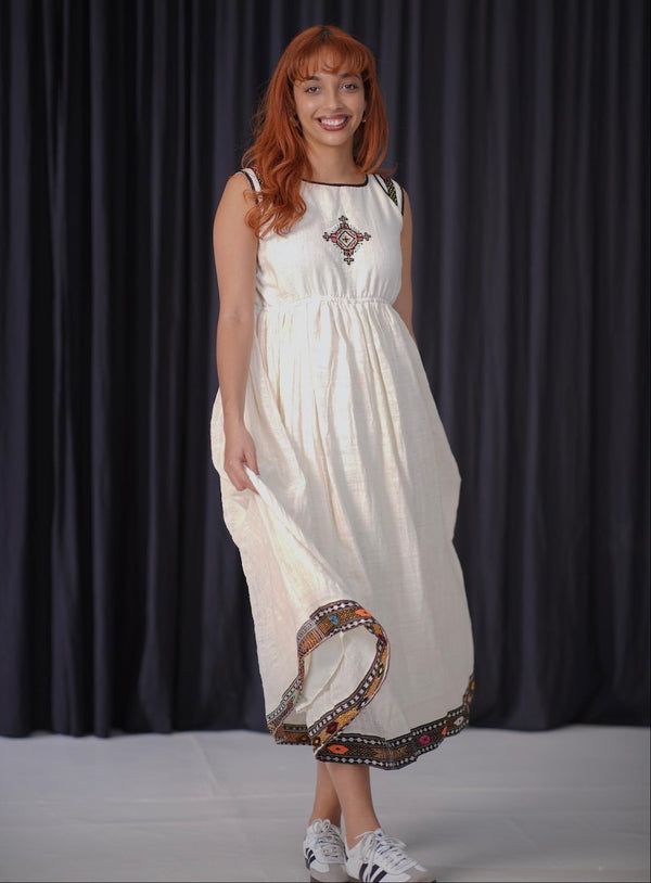 Habesha Sleeveless Dress Traditional Ethiopian White Cultural Kemis
