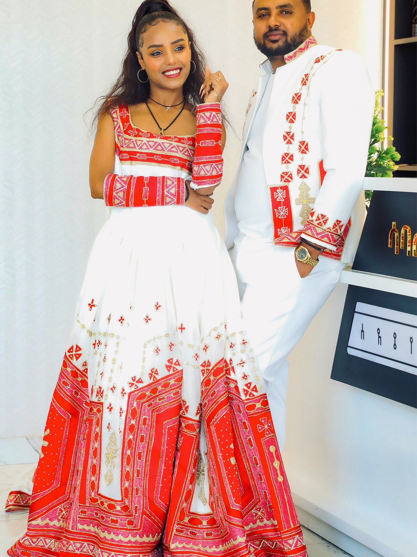 Couple Habesha Kemis And Men's Set Red Embroidered Ethiopian Dress Matching Habesha Outfit 246
