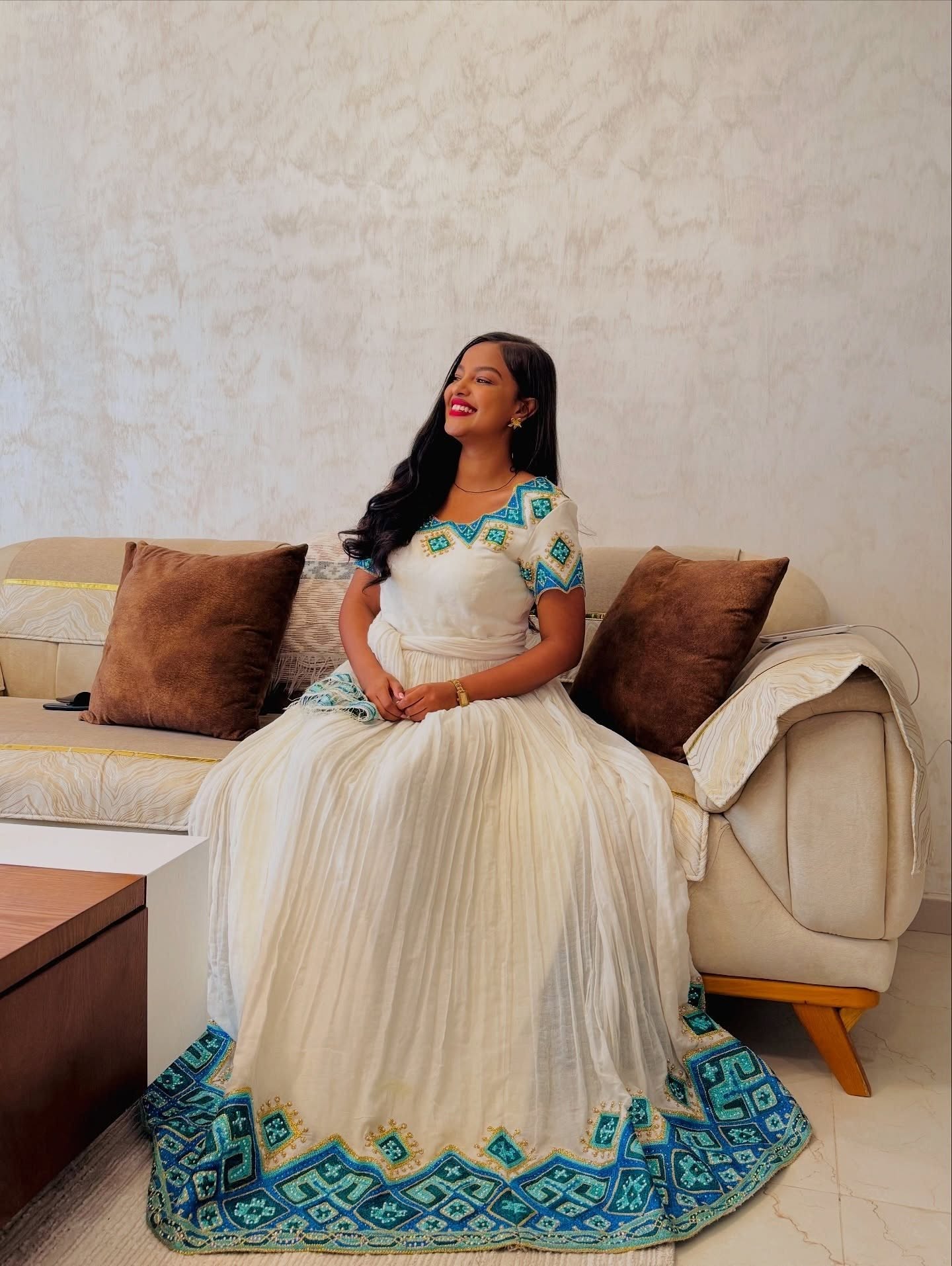 Short Sleeve Ethiopian Clothing Habesha Kemis with Blue Embroidery Handwoven Habesha Dress 250