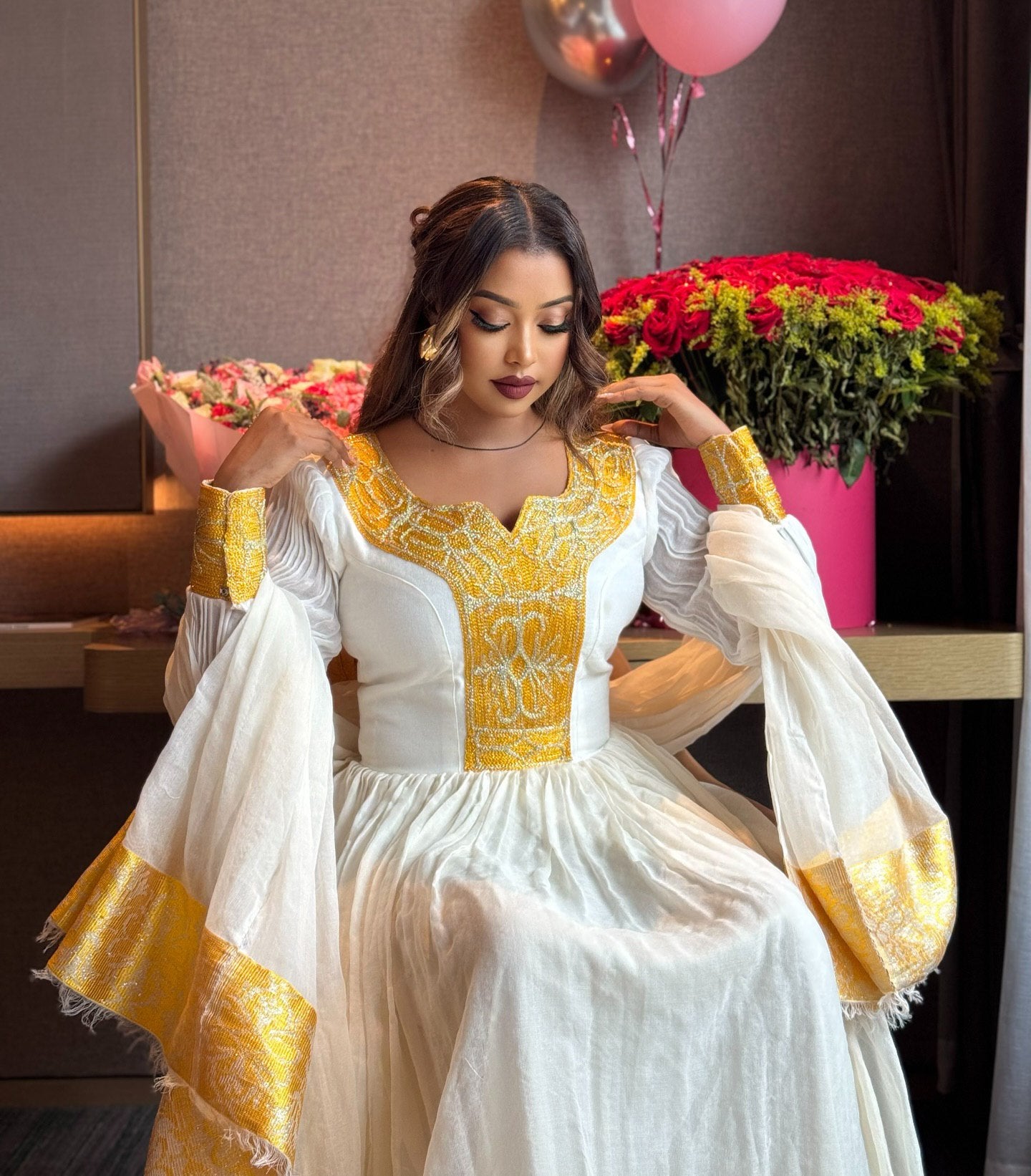Yellow Woven Habesha Kemis Long Sleeve Traditional Ethiopian Clothing Habesha Dress For Events 251