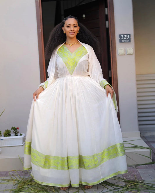 Luxurious Habesha Dress – Elegant Traditional Ethiopian Clothing with Woven Detail