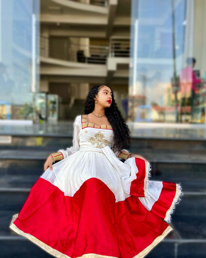 Red Woven Ethiopian Dress Long Sleeve Habesha Dress Habesha Kemis For Cultural Celebrations 264