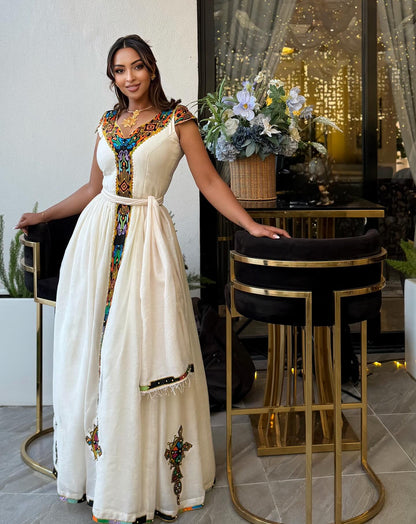 Elegant Habesha Dress  Handcrafted Ethiopian Dress with Colorful Traditional Patterns