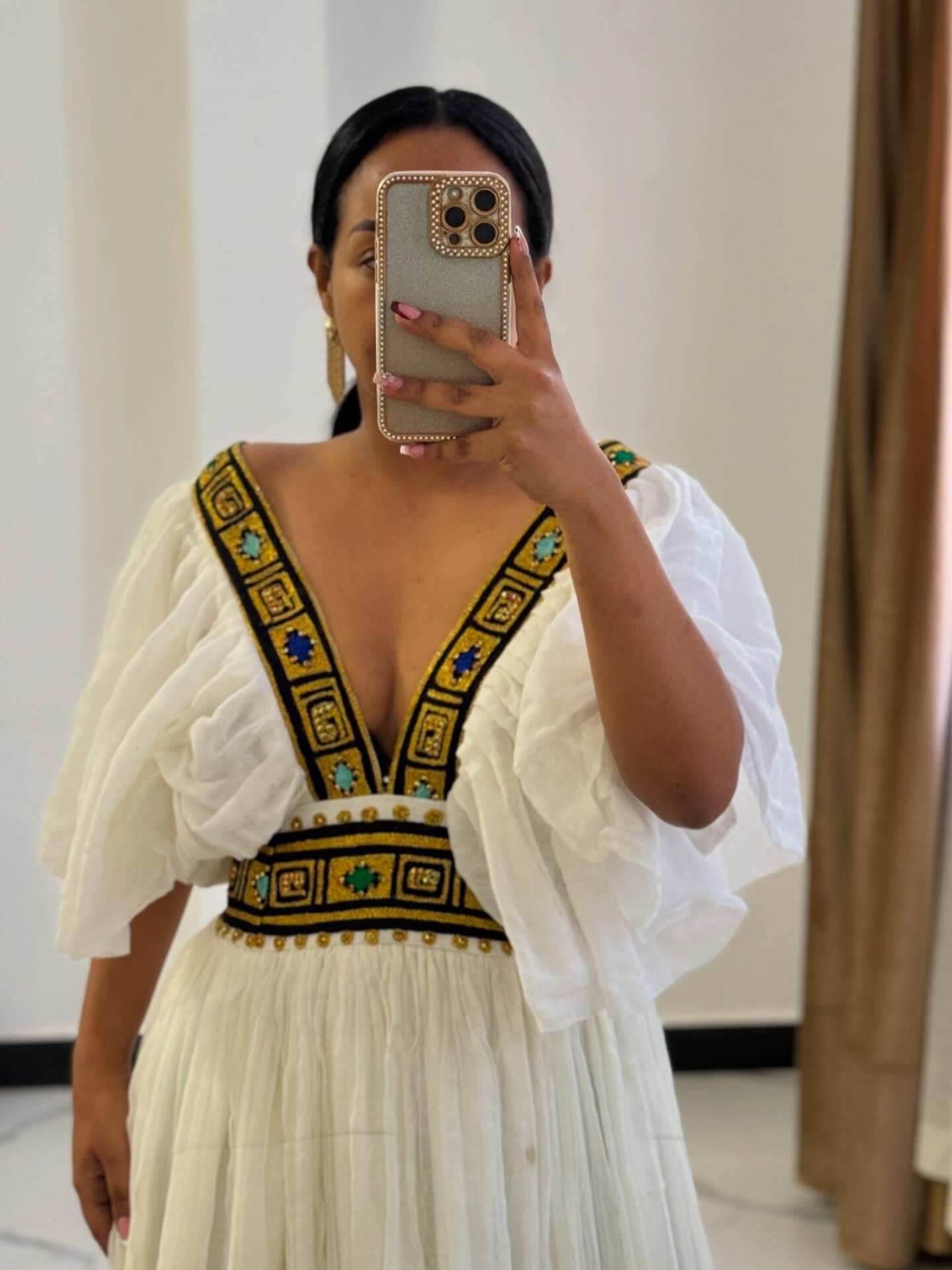V-neckline Habesha Dress Handcrafted Ethiopian Dress Habesha Kemis with Traditional Embroidery 266