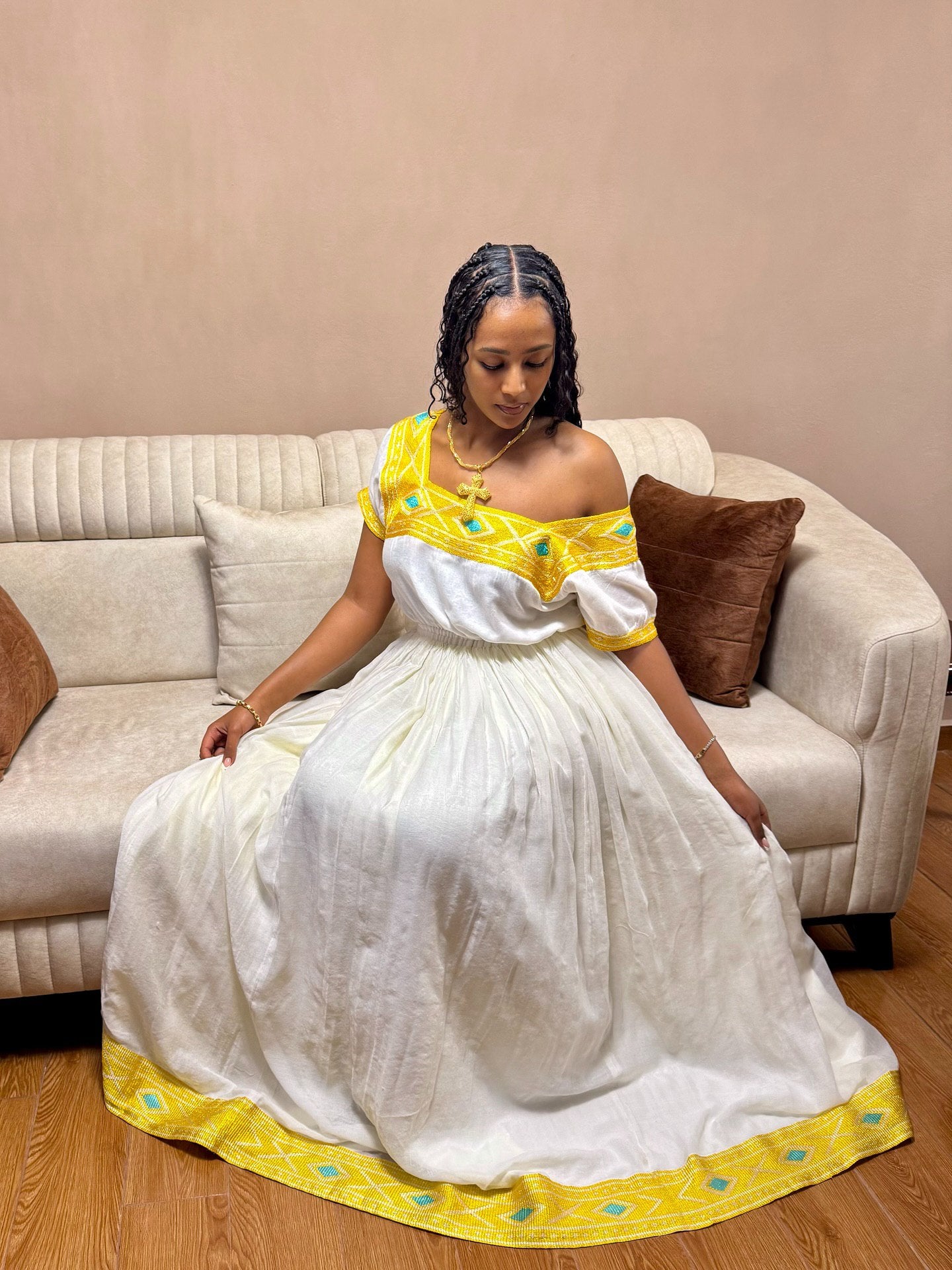 Yellow Pattern Ethiopian Dress Timeless Habesha Kemis Short Sleeve Habesha Dress 270