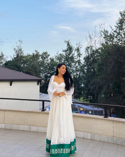 Green Hem Embroidered Habesha Dress Authentic Ethiopian & Eritrean Dress Vibrant Habesha Kemis 276