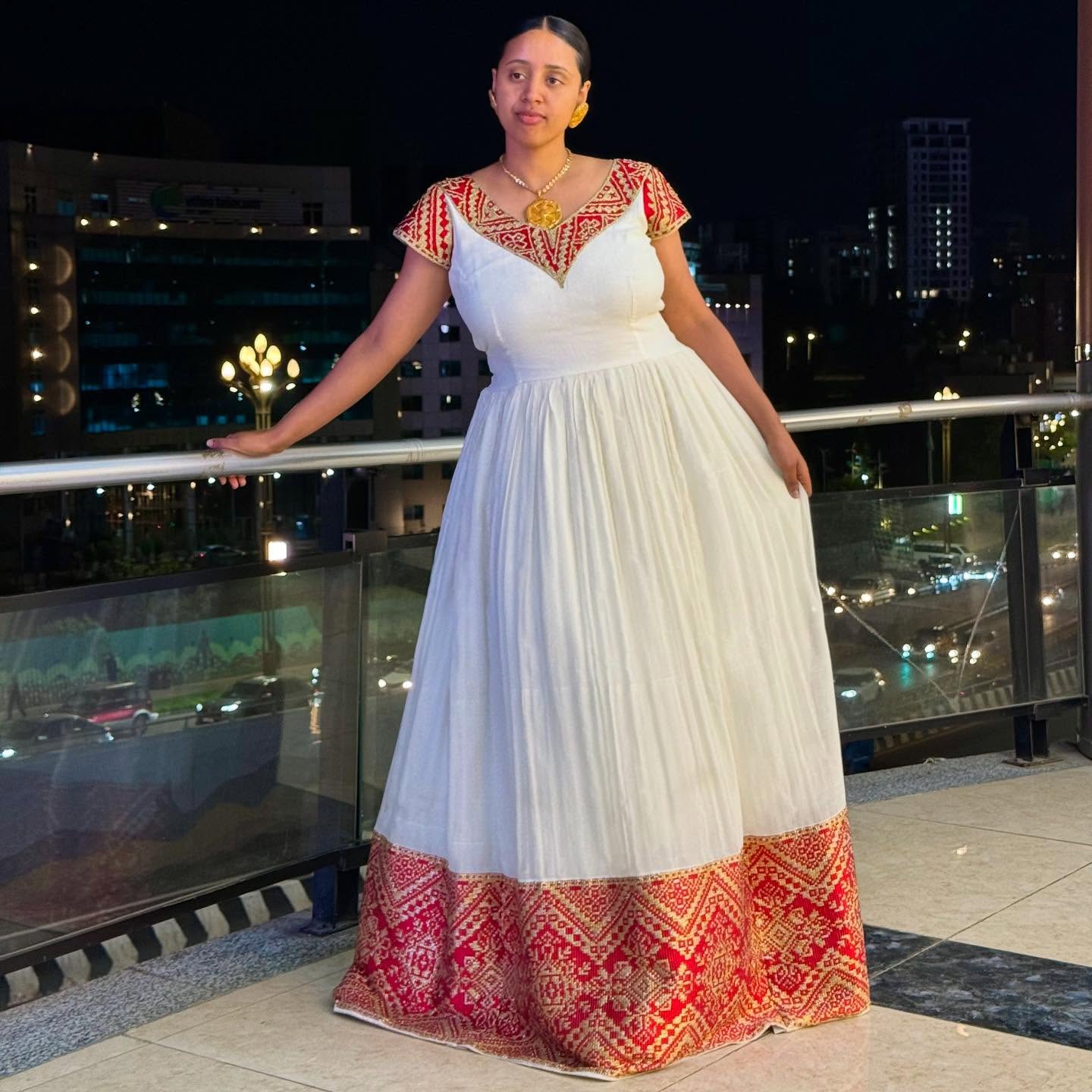 Radiant Habesha Dress with Red–Gold Traditional Embroidery