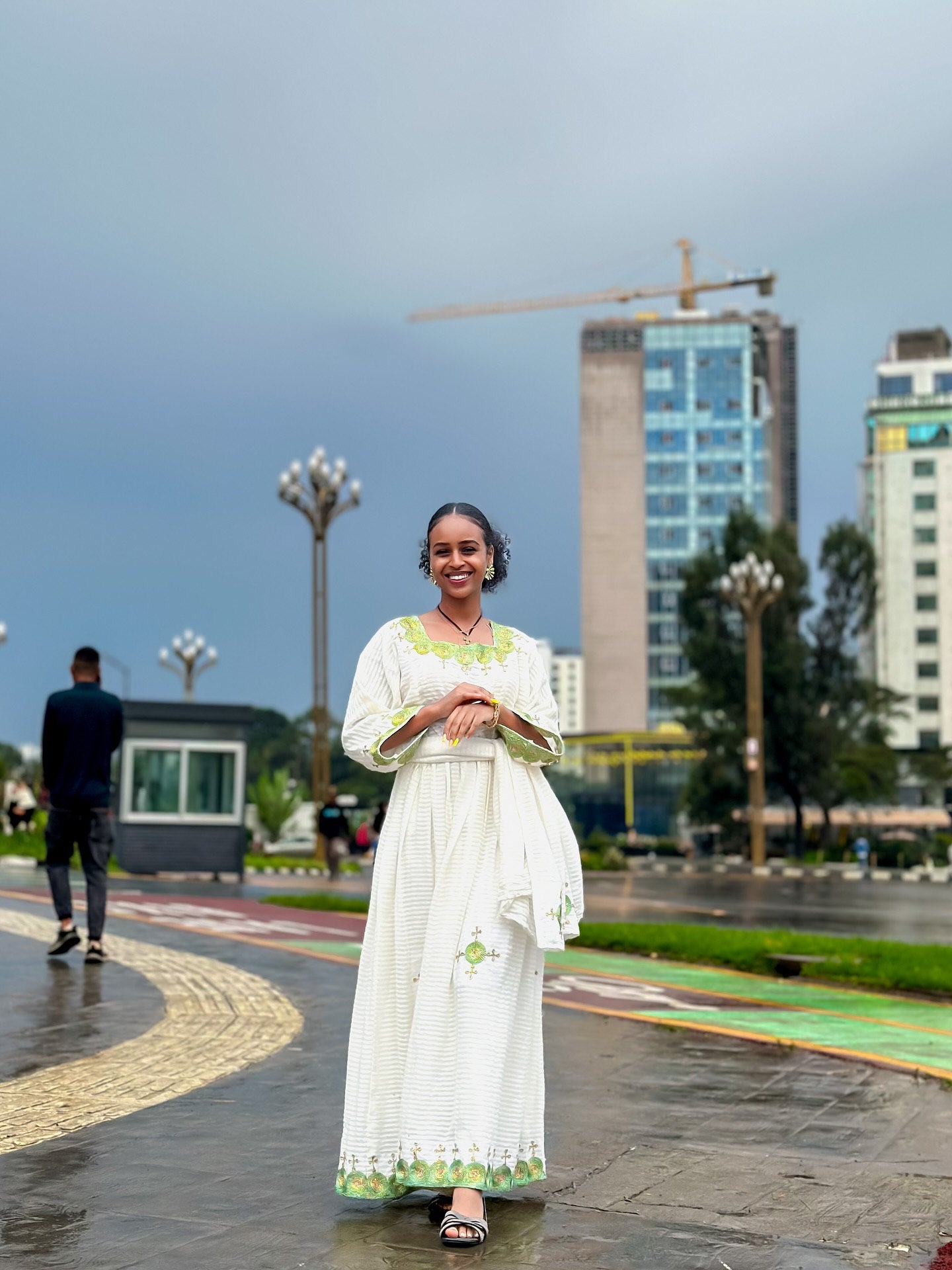 White & Green Habesha Cloth Dress – Hand-Embroidered Traditional Ethiopian Dress for Women